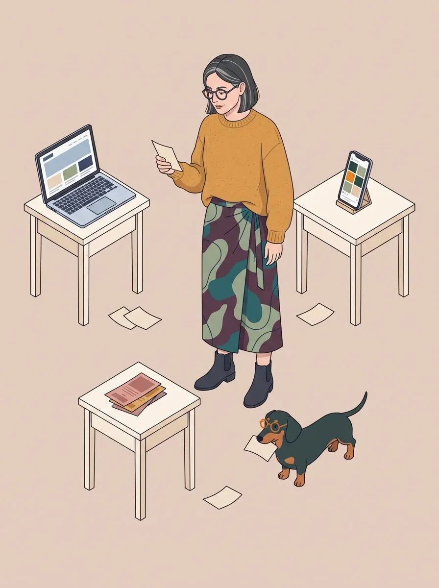 Illustration: Eine Frau steht zwischen drei getrennten kleinen Tischen mit Laptop, Flyern und Handy und liest einen Zettel, am Boden liegen weitere Zettel, ein Dackel trägt einen davon im Maul