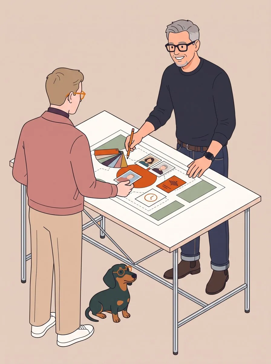 Illustration: Roman und ein Kunde am Stehtisch, im orangefarbenen Kreis auf dem Lageplan liegen Farbfächer, Fotos und kleine Karten, der Kunde legt ein Foto dazu, Roman zeigt mit dem Stift darauf