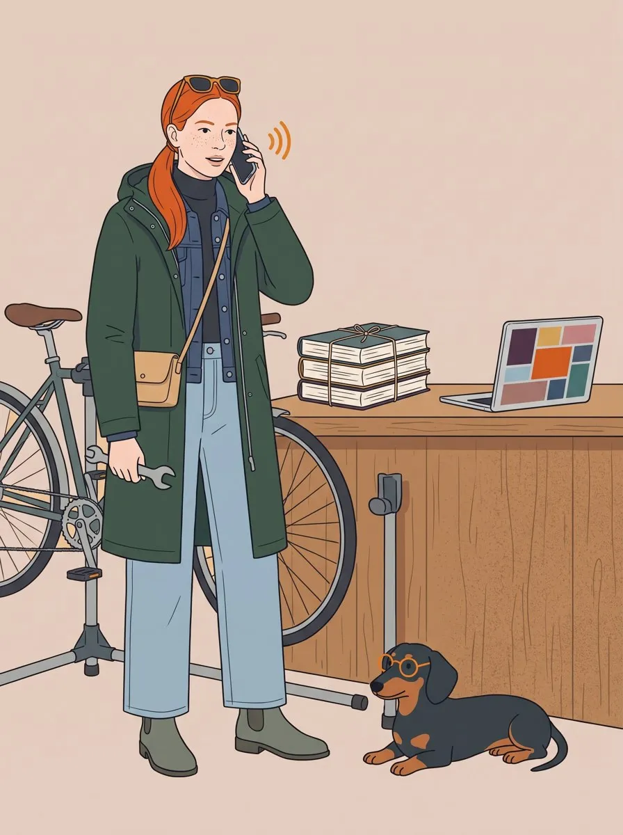 Illustration: Eine Frau in ihrer Fahrradwerkstatt telefoniert kurz, in der Hand einen Schraubenschlüssel, auf dem Tresen liegt ein verschnürter Stapel Handbücher neben einem Laptop
