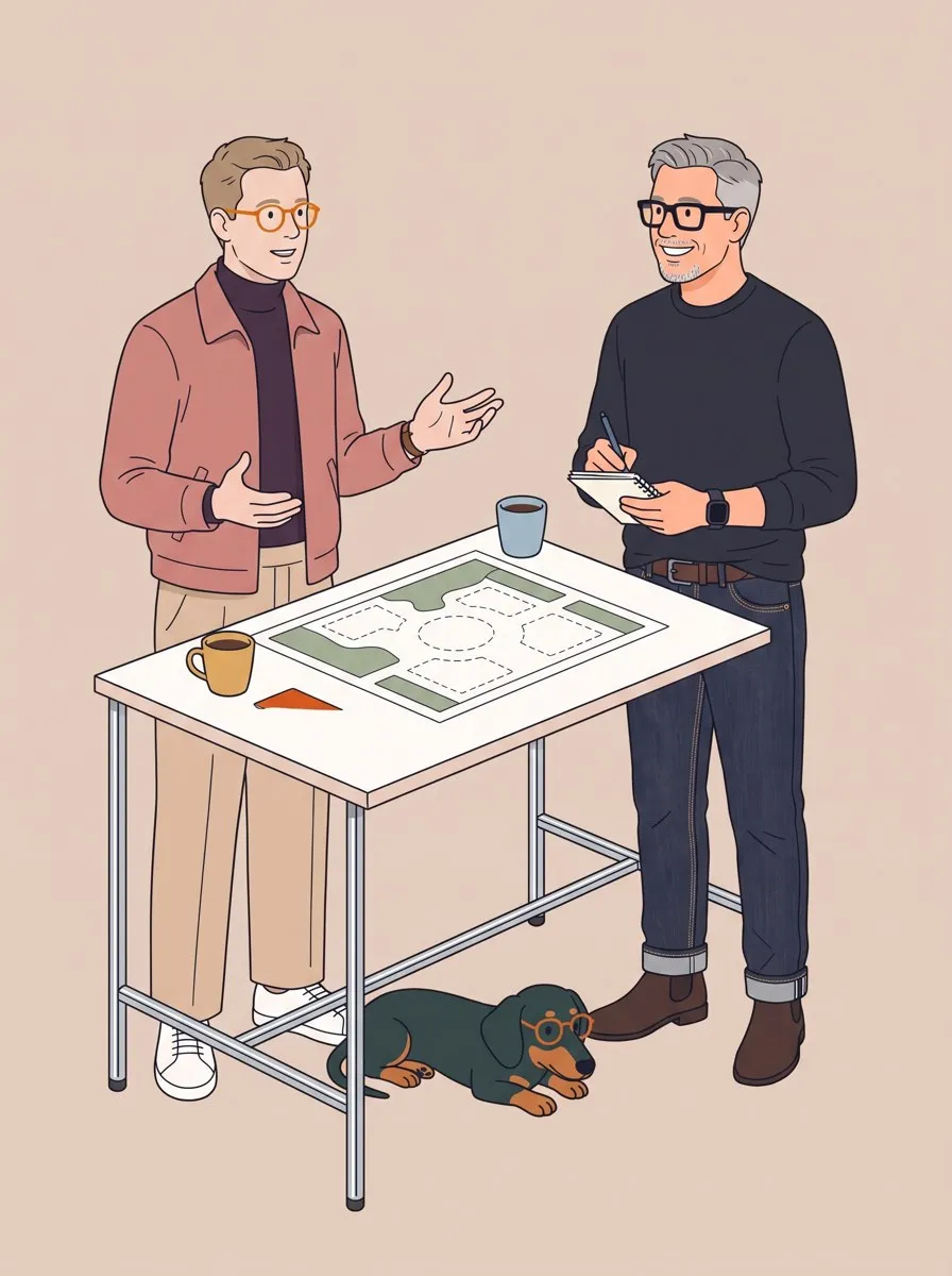 Illustration: Ein Kunde erzählt am Stehtisch mit offenen Händen, Roman hört zu und schreibt in ein Notizbuch, auf dem Lageplan ist der Kreis noch leer, daneben zwei Kaffeebecher