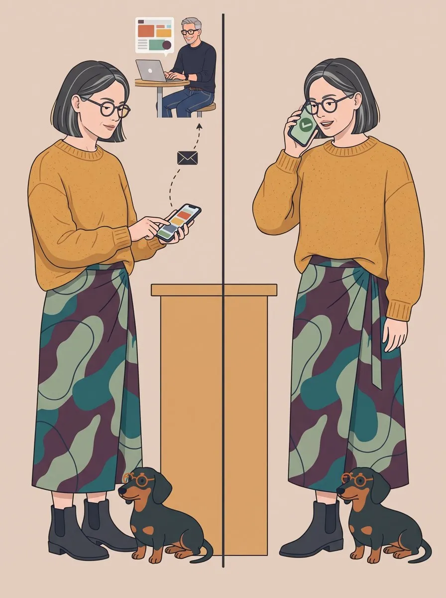 Illustration: Zweigeteiltes Bild mit derselben Frau. Links tippt sie eine Nachricht, ein Briefsymbol geht an Roman am Laptop. Rechts spricht sie direkt ins Handy, auf dem ein Haken erscheint