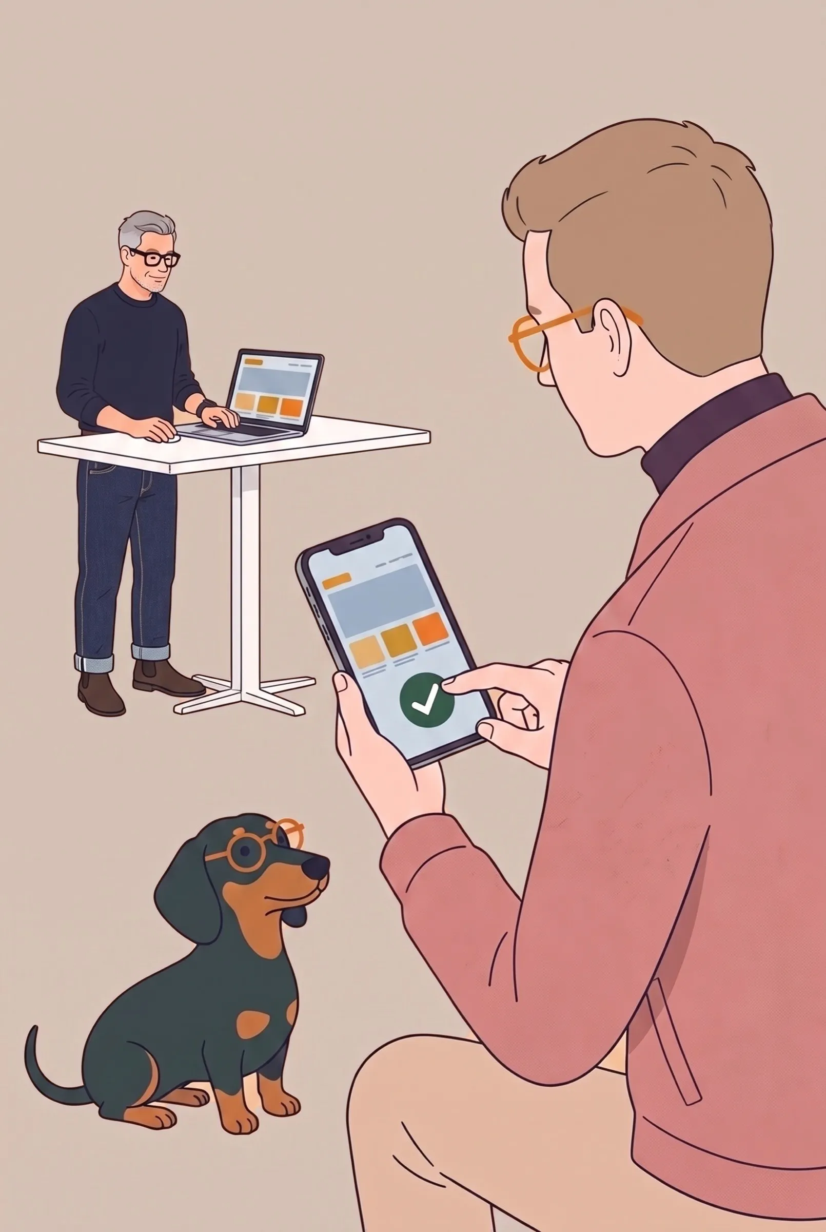 Illustration: ein Mann tippt auf seinem Handy auf einen grünen Haken, ein Dackel mit Brille schaut zu