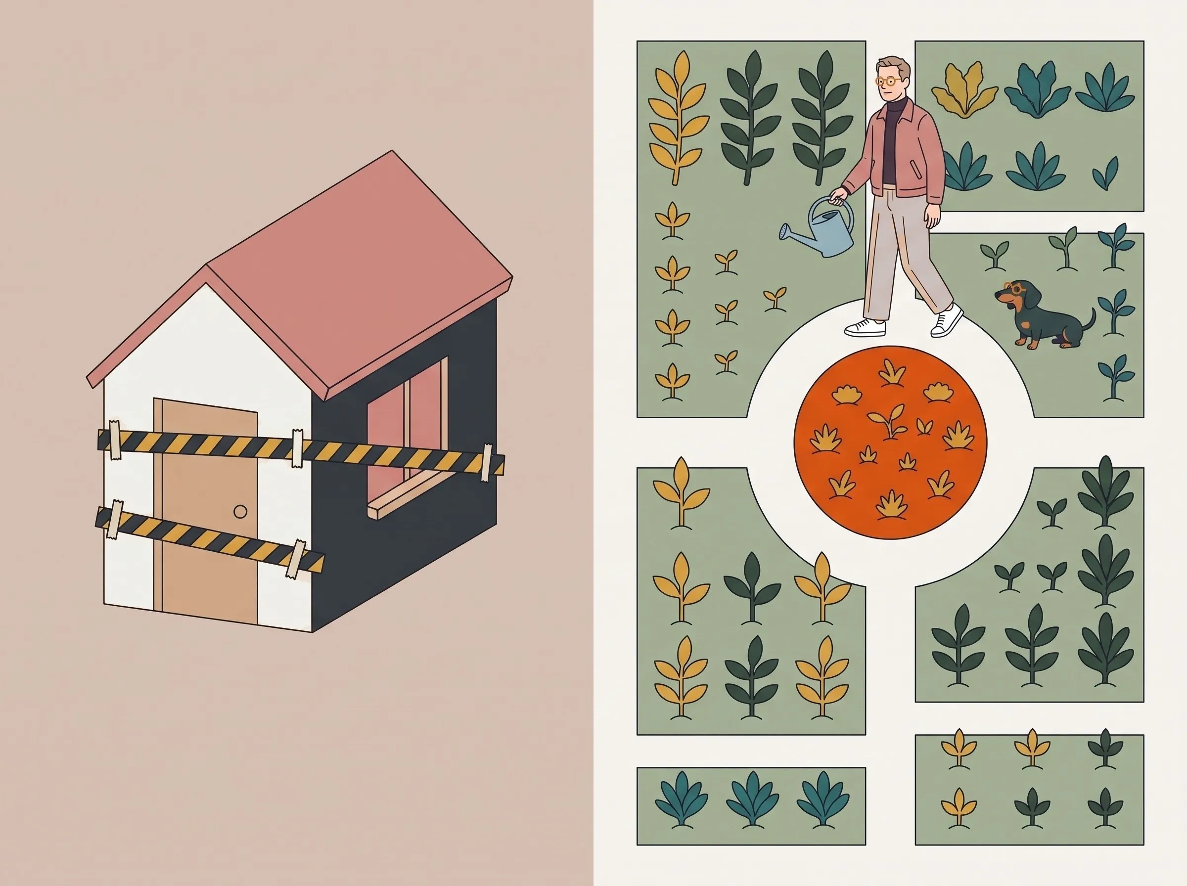 Illustration: Links ein kleines Haus mit Absperrband, rechts ein Garten mit festen Wegen und einem orangefarbenen Beet in der Mitte