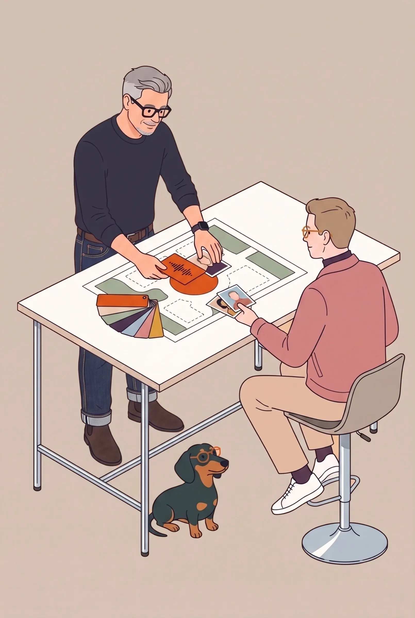 Illustration: Roman legt Farbfächer, eine Sprechwelle und Porträtkarten in den orangefarbenen Kreis auf einem Lageplan, ein Kunde sitzt gegenüber
