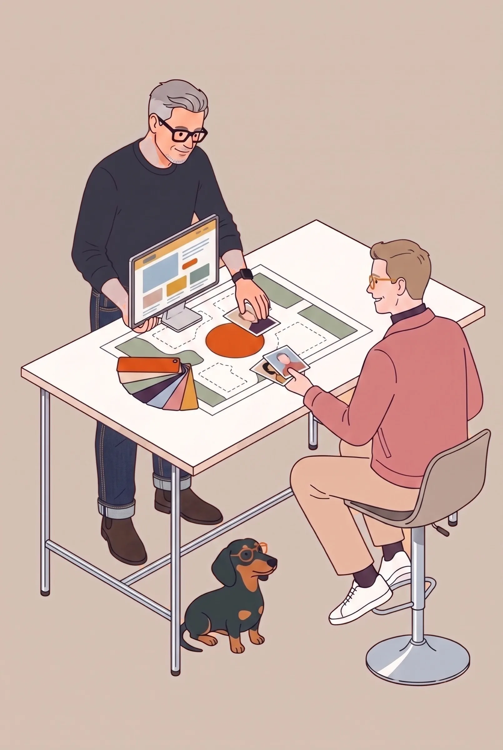 Illustration: Roman steht an einem Stehtisch mit Lageplan, der orangefarbene Kreis in der Mitte ist gefüllt, daneben ein Bildschirm mit einer Website, ein Kunde sitzt gegenüber