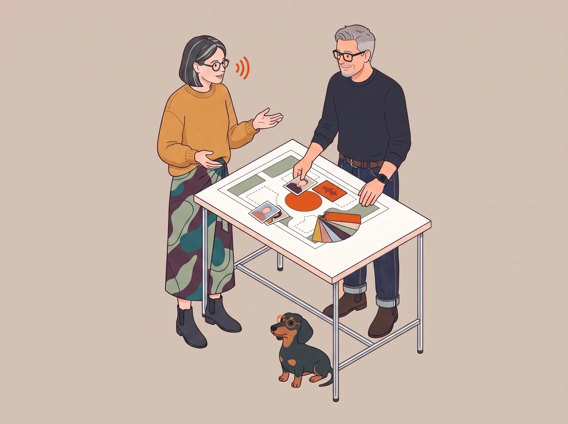 Illustration: Roman und eine Kundin stehen an einem Tisch mit Lageplan, sie erzählt, er legt Fotos und Farbfächer in den orangefarbenen Kreis