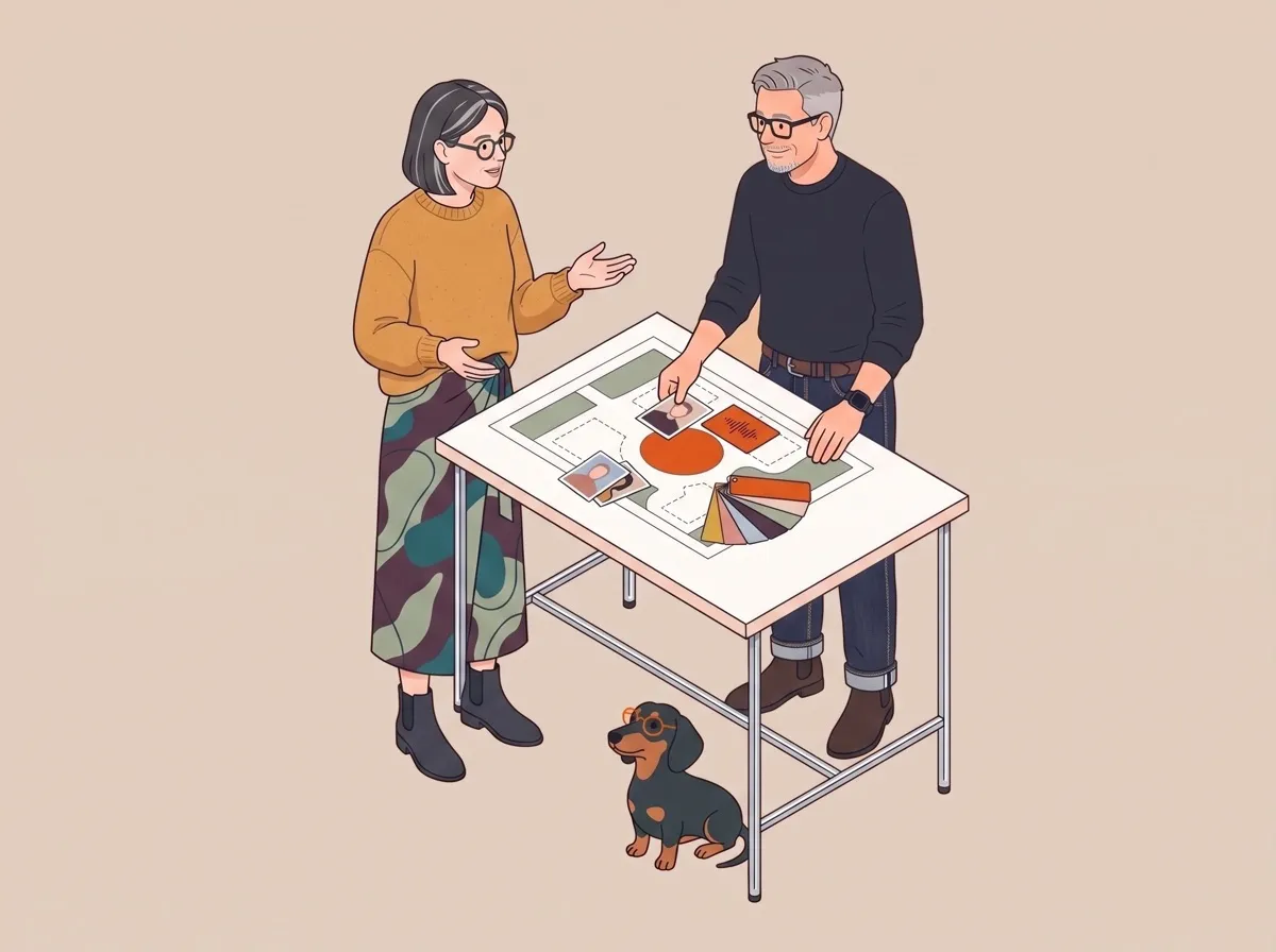 Roman Thomas und eine Kundin im Gespräch an einem Stehtisch. Auf dem Tisch liegen Fotos, ein Farbfächer und ein Lageplan mit einem orangen Kreis in der Mitte, darunter sitzt ein Dackel mit Brille.
