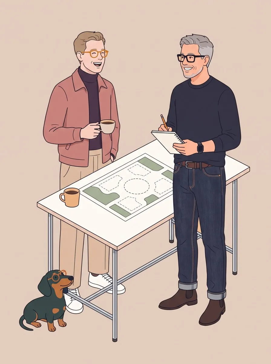 Illustration: Roman Thomas und ein Kunde stehen an einem Tisch mit einem Lageplan, der Kunde hält lachend eine Kaffeetasse, Roman macht sich Notizen, davor sitzt ein Dackel mit Brille