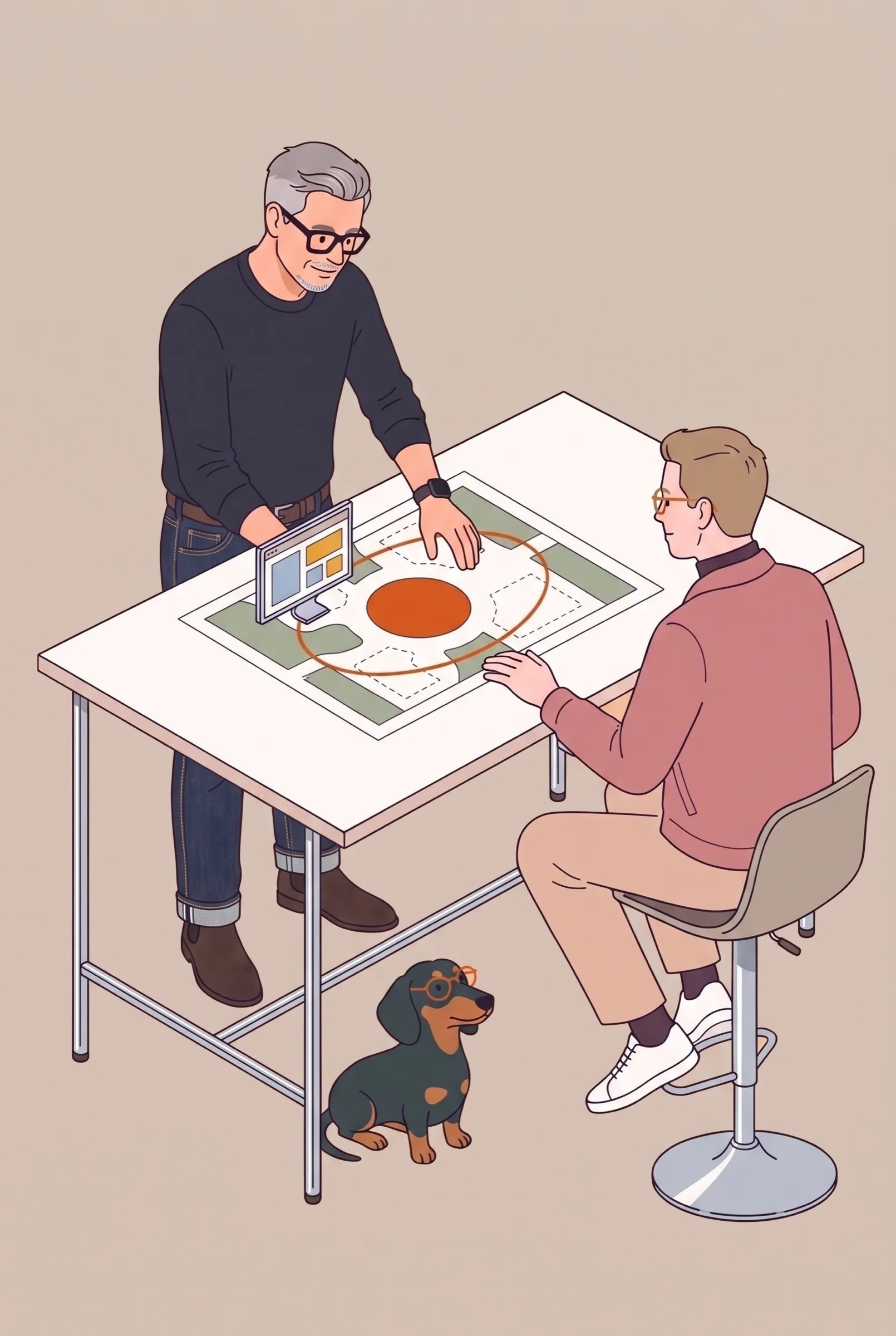 Illustration: Roman zieht an einem Stehtisch einen Ring um einen orangefarbenen Kreis auf einem Lageplan