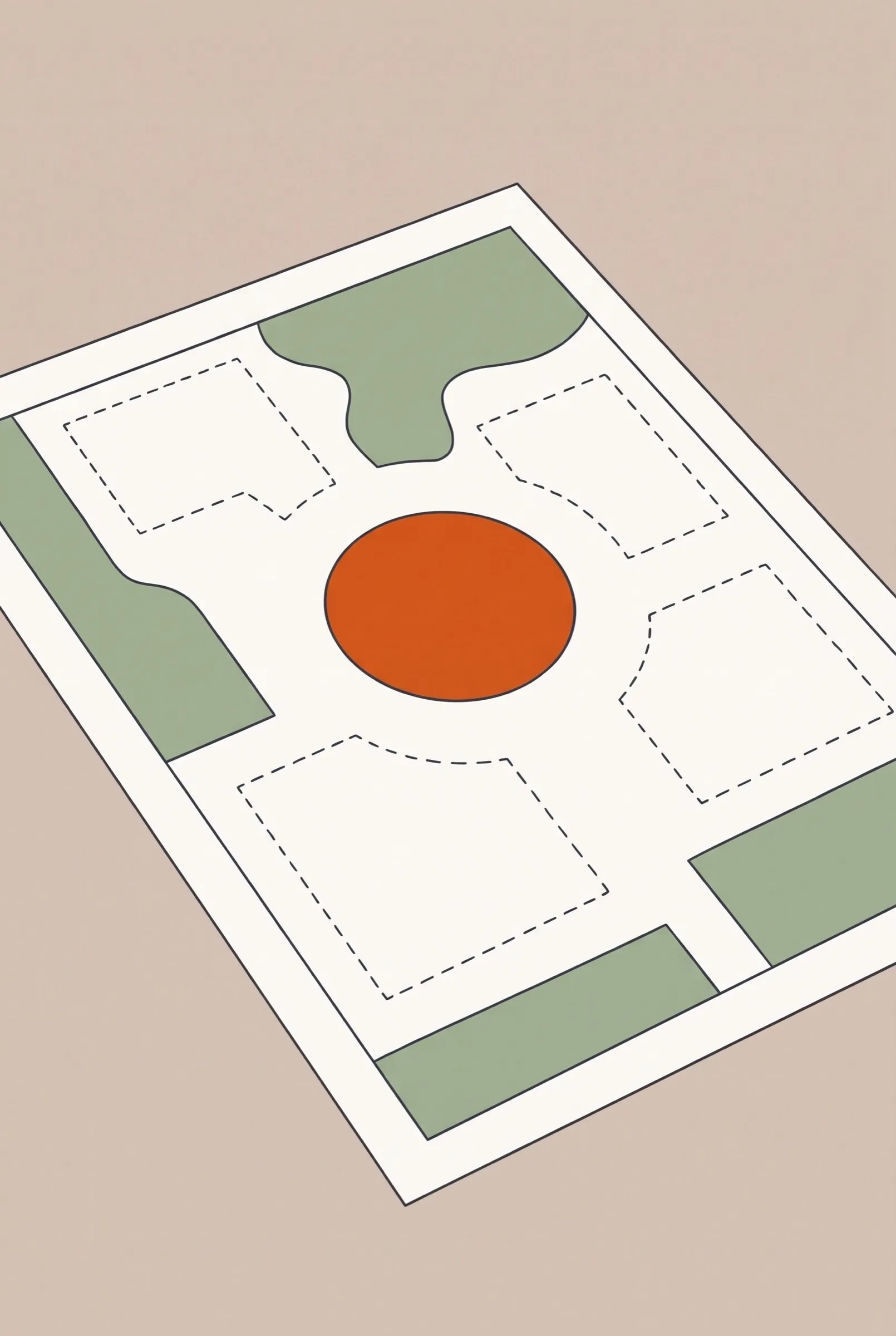 Illustration eines Lageplans von schräg oben: in der Mitte ein großer orangefarbener Kreis, darum grüne Flächen und vier leere, gestrichelte Plätze