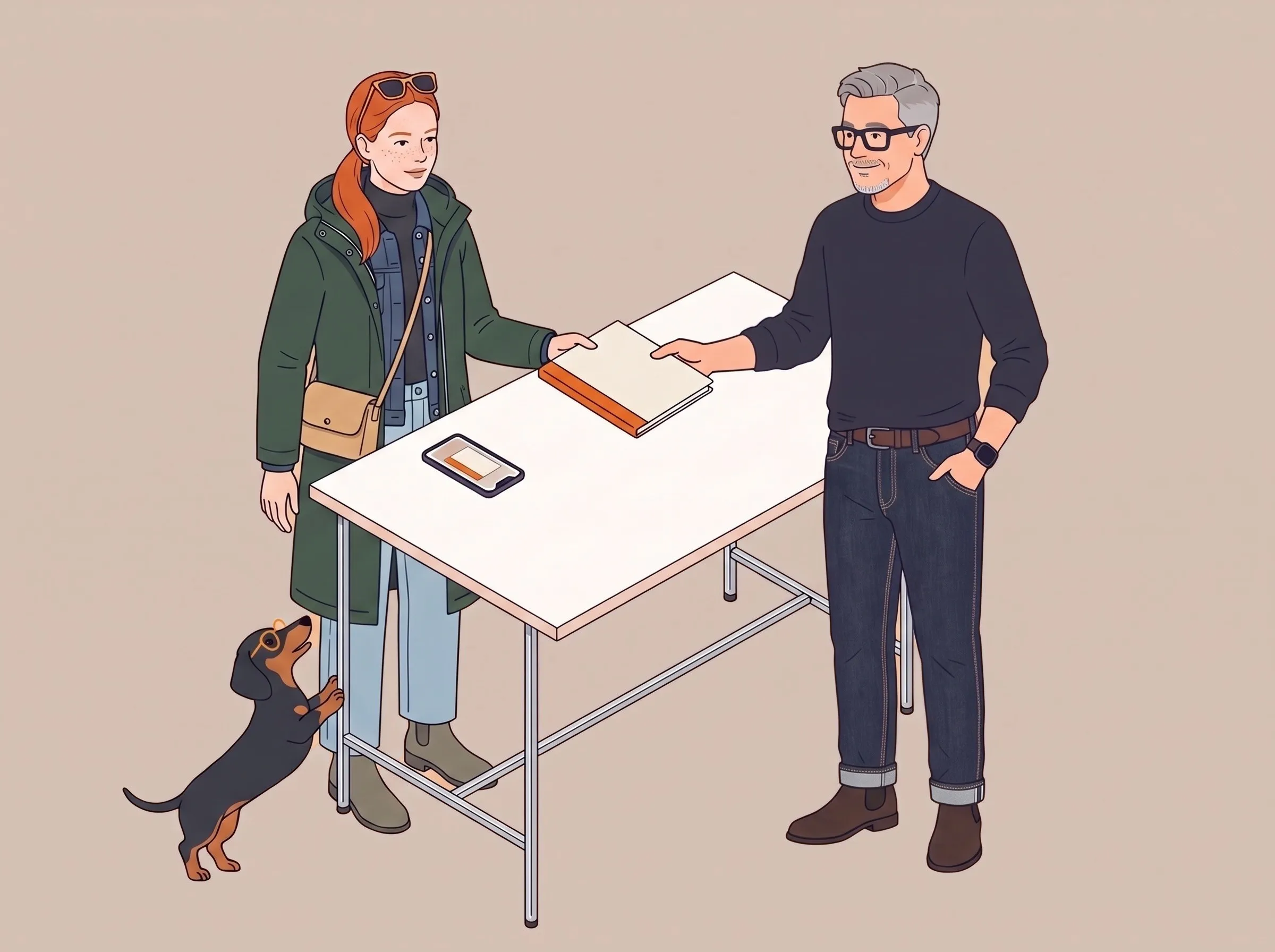 Illustration: Roman überreicht einer neuen Kollegin am Stehtisch eine Mappe mit orangefarbenem Rücken, ein Dackel springt an ihr hoch