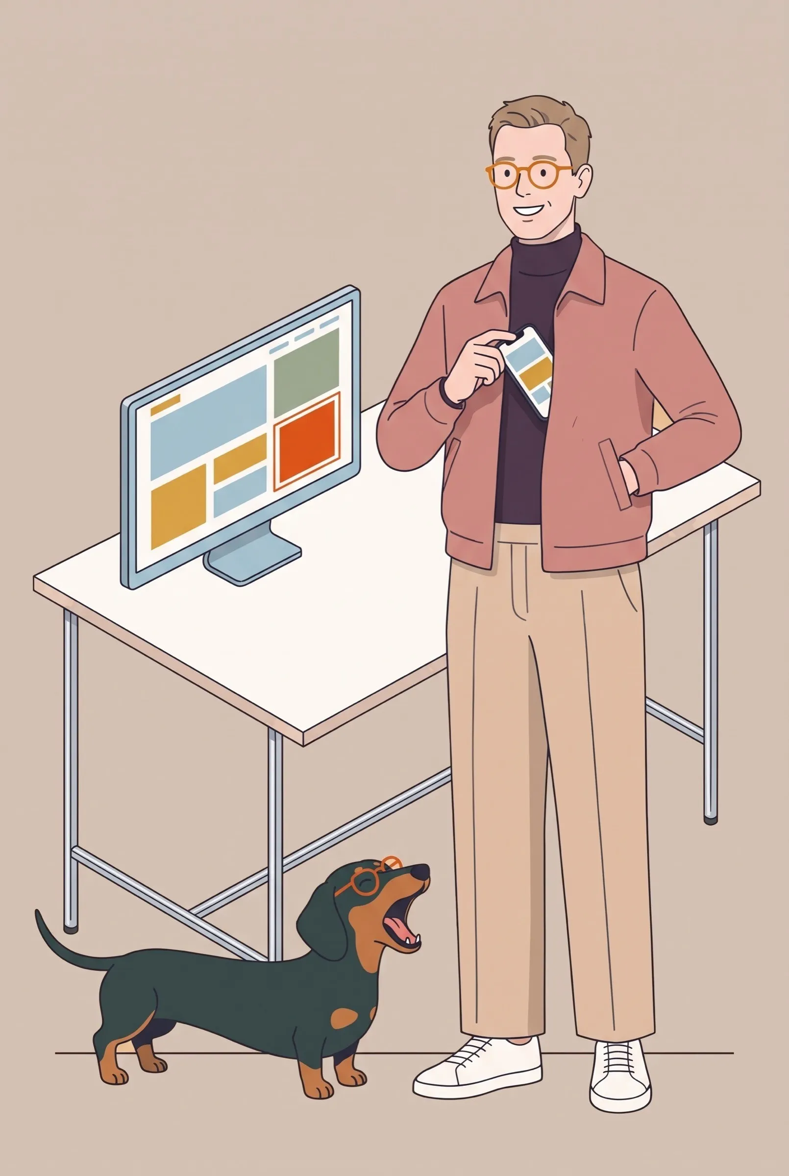 Illustration: ein Mann steht zufrieden neben einem Bildschirm mit der fertigen Website, ein Dackel gähnt