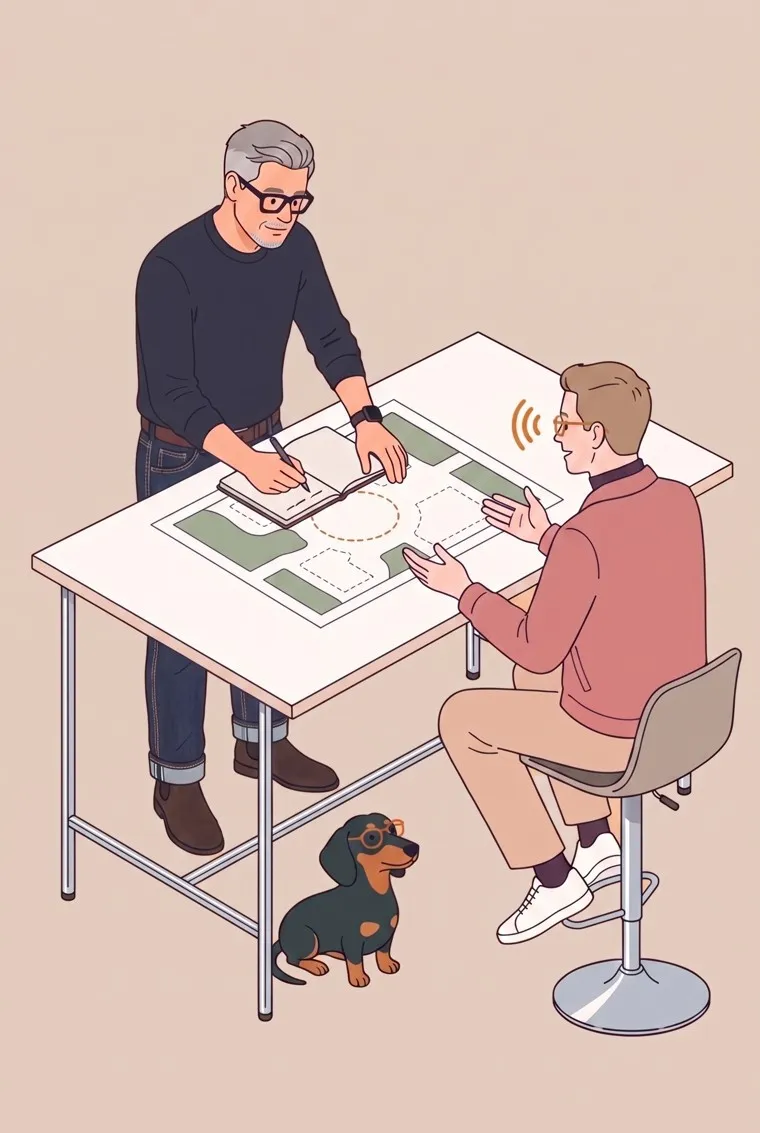 Illustration: Roman und der Kunde im Gespräch am Stehtisch, Roman macht sich Notizen, auf dem Lageplan ist der Kreis in der Mitte noch leer