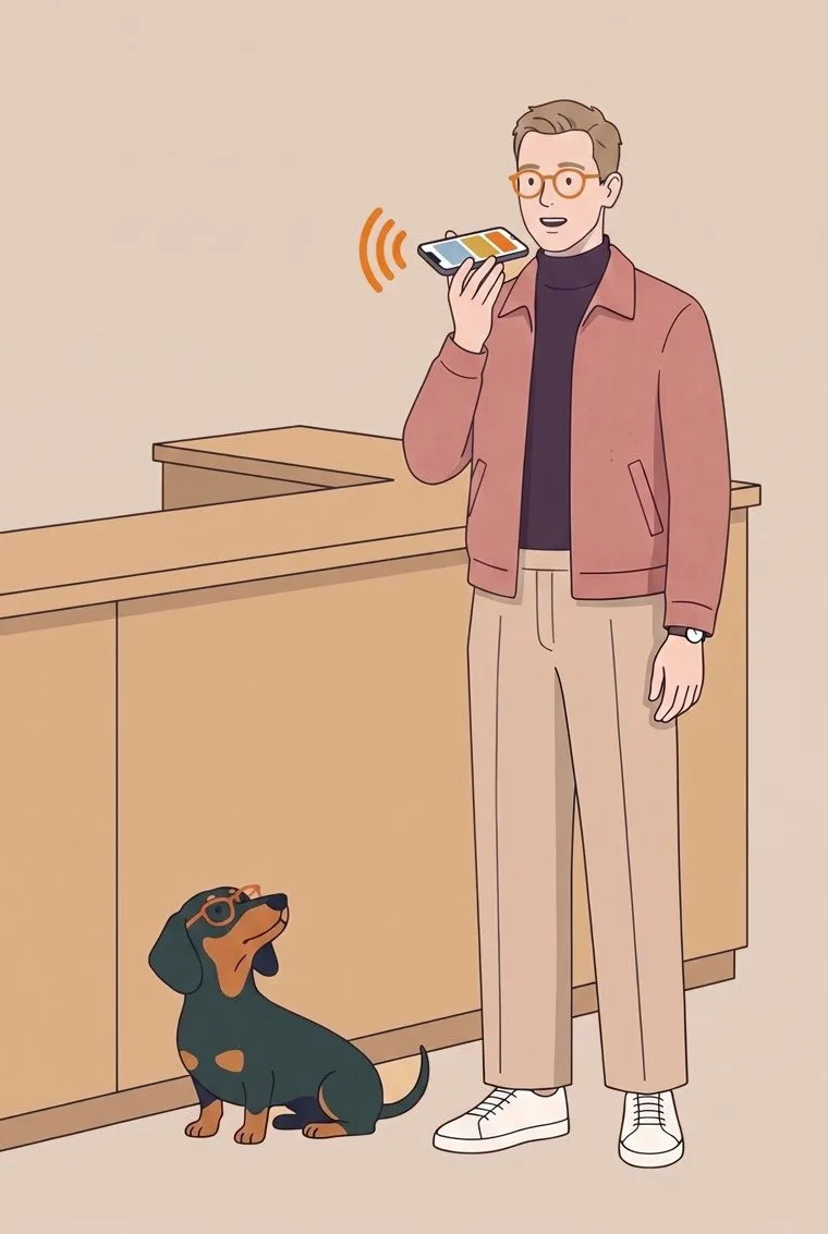 Illustration: Der Kunde steht am Empfangstresen und spricht in sein Handy, ein Dackel sitzt daneben