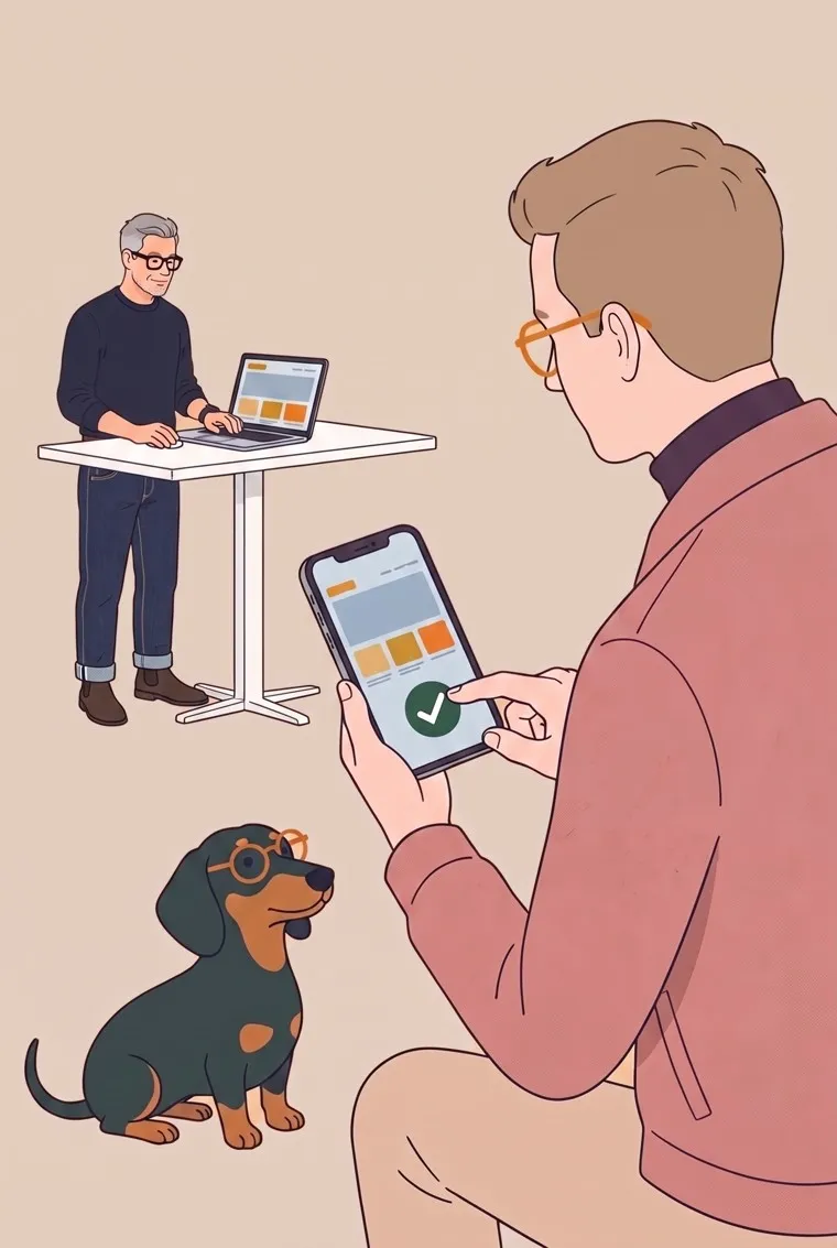 Illustration: Der Kunde hält ein Handy mit einem grünen Haken auf dem Bildschirm, im Hintergrund arbeitet Roman am Stehtisch am Laptop, ein Dackel schaut zu