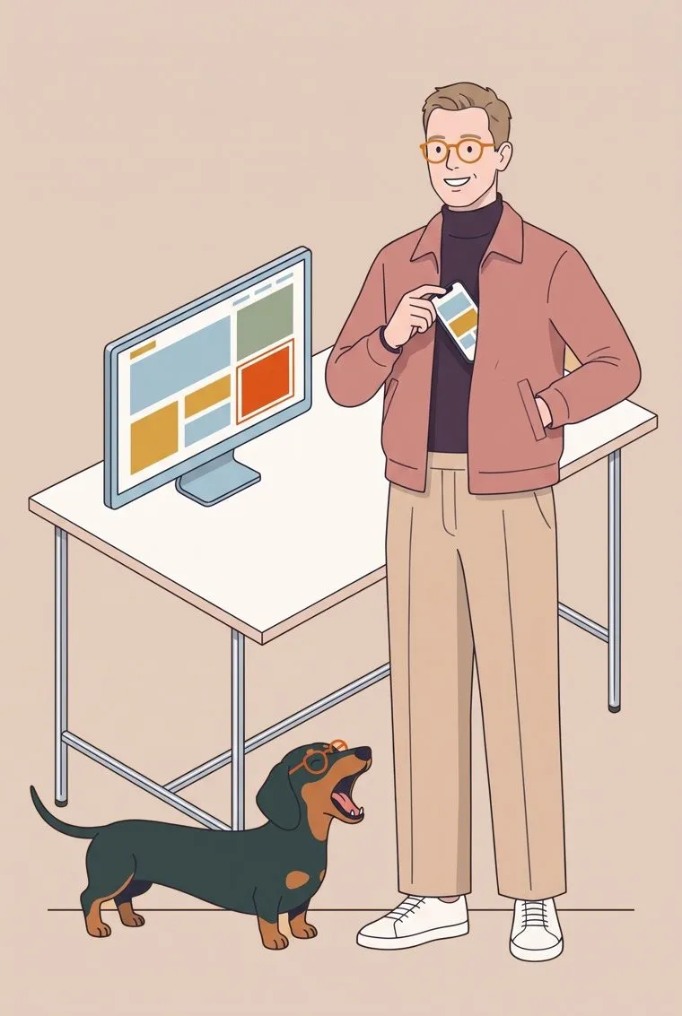 Illustration: Der Kunde steht zufrieden neben einem Bildschirm mit seiner Website, ein Dackel bellt fröhlich