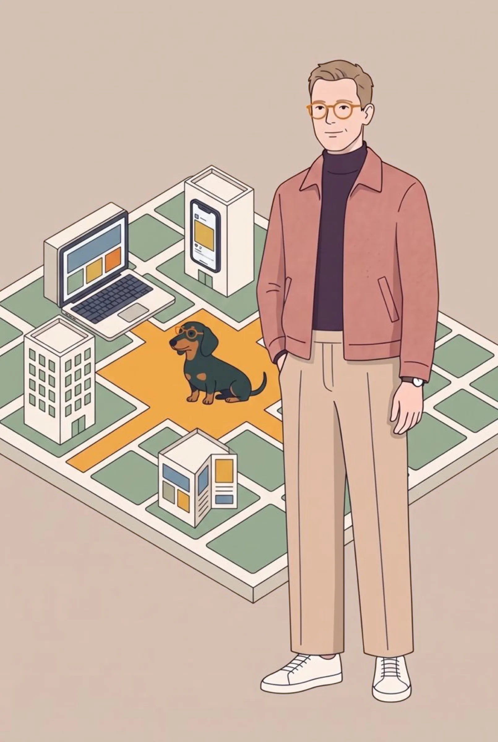 Illustration: ein Mann steht neben einem kleinen Stadtmodell mit orangefarbenem Platz, Laptop und Handy als Häuser