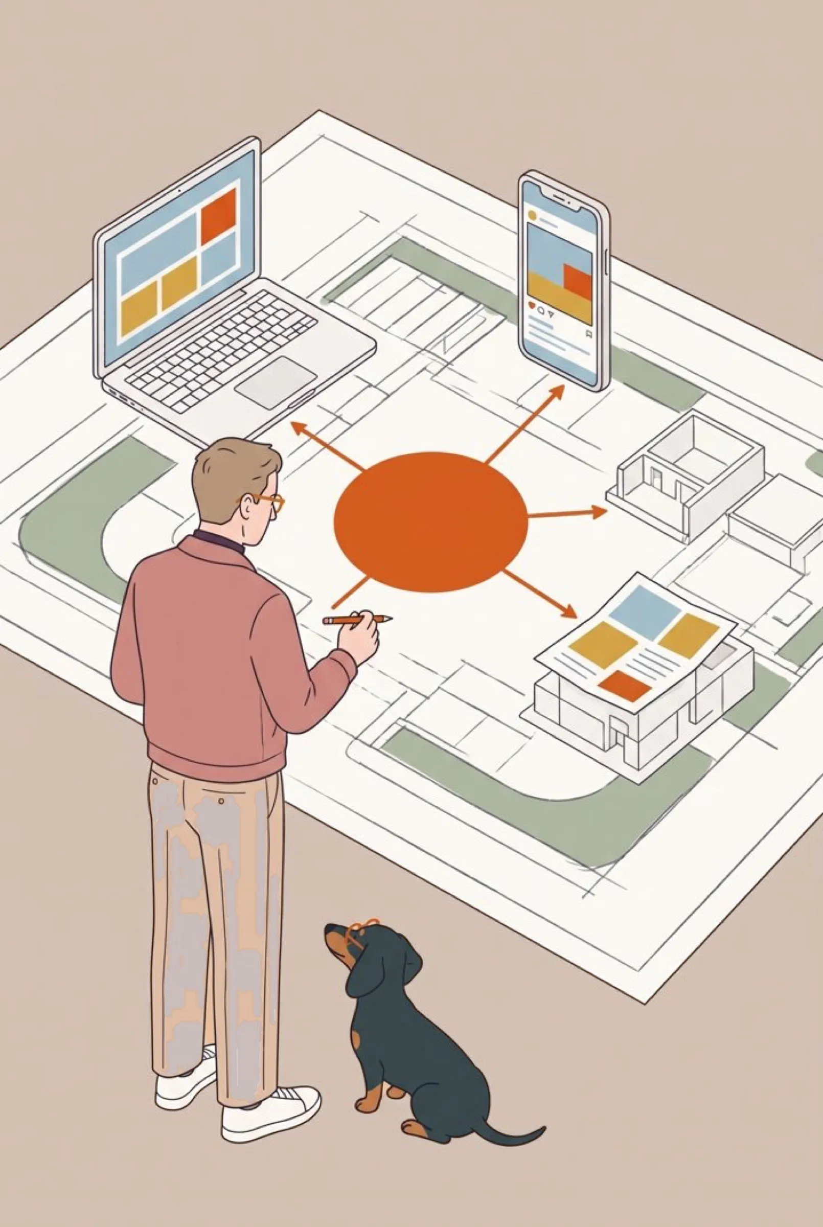 Illustration: ein Mann zieht Pfeile von einem orangefarbenen Kreis auf einem Lageplan zu Laptop, Handy und Flyer