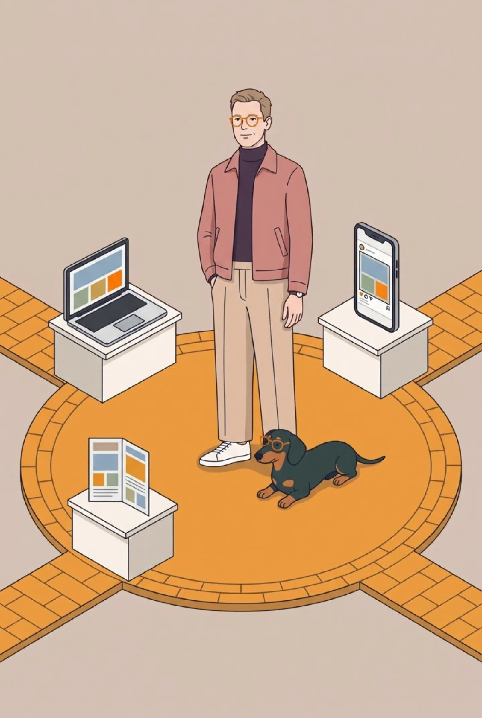 Illustration: ein Mann steht auf einem runden orangefarbenen Platz, darum Sockel mit Laptop, Handy und Flyer