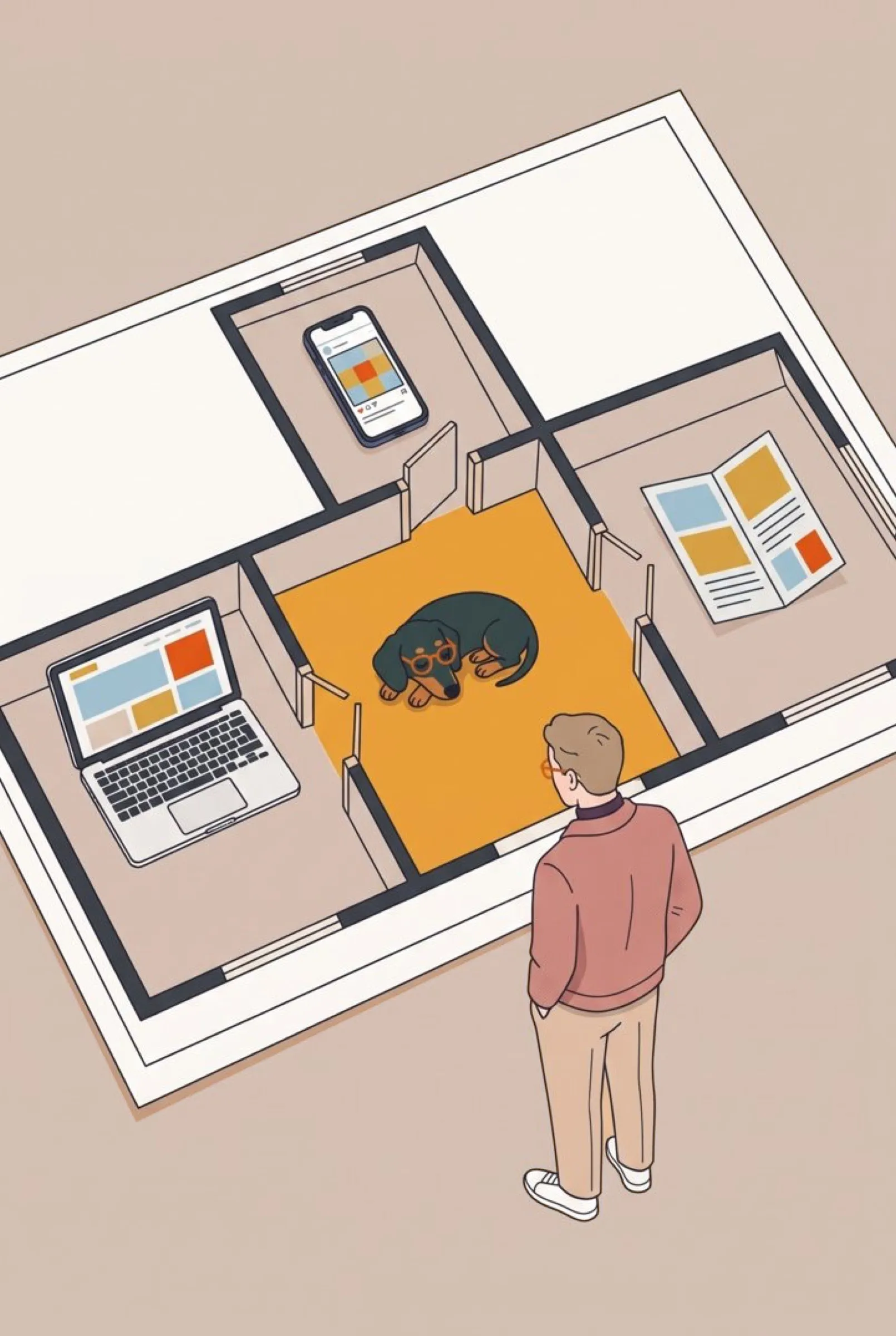 Illustration: ein Mann schaut auf einen Grundriss mit Räumen, in der Mitte ein orangefarbener Raum mit einem Dackel