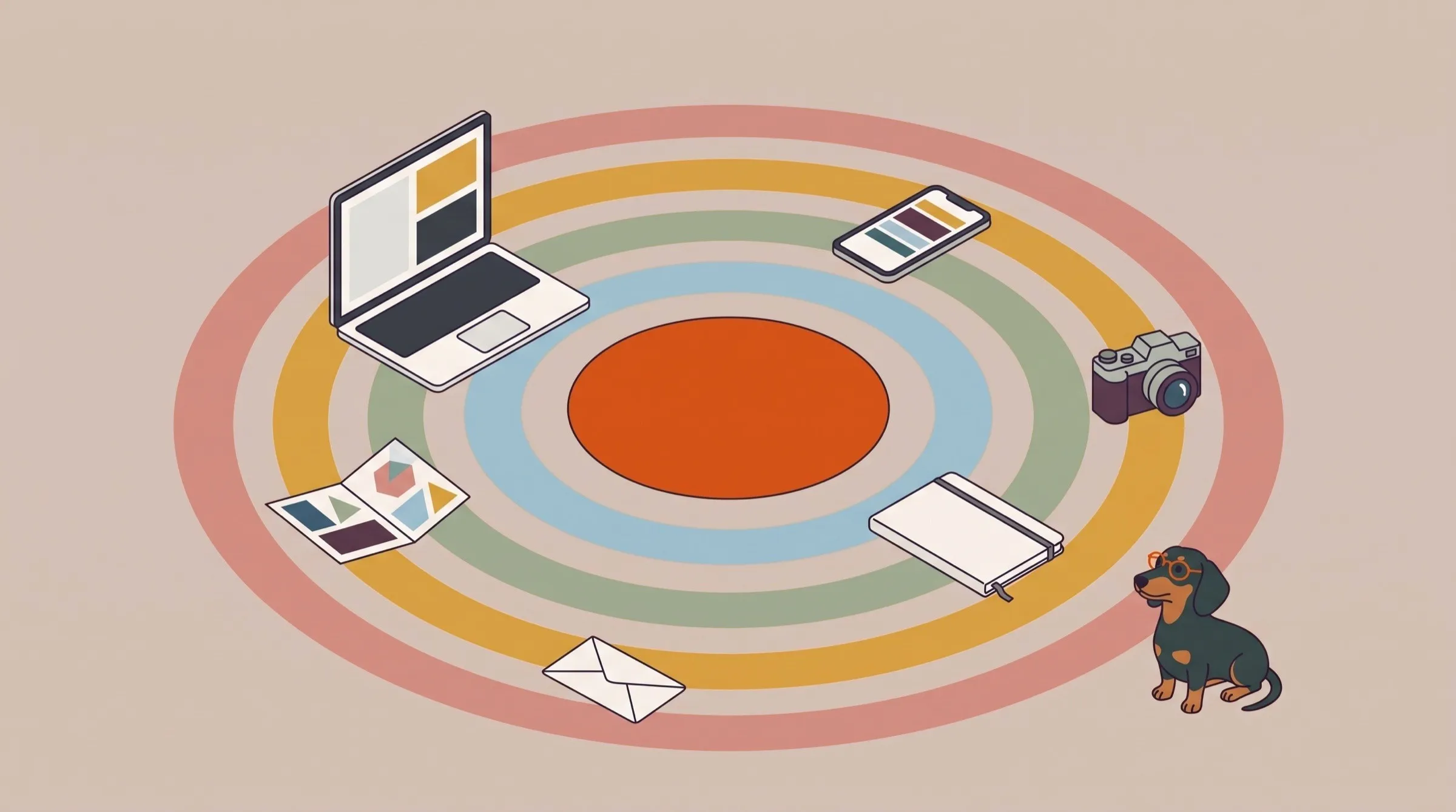 Illustration von oben: ein ruhiger orangefarbener Kreis, darum farbige Ringe mit Laptop, Handy, Kamera, Notizbuch, Flyer und Brief
