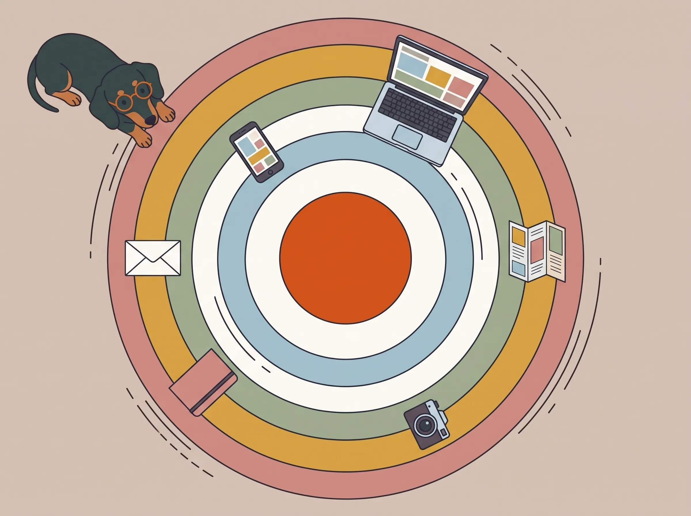 Illustration von oben: ein ruhiger orangefarbener Kreis, darum farbige Ringe mit Laptop, Handy, Kamera, Notizbuch, Flyer und Brief