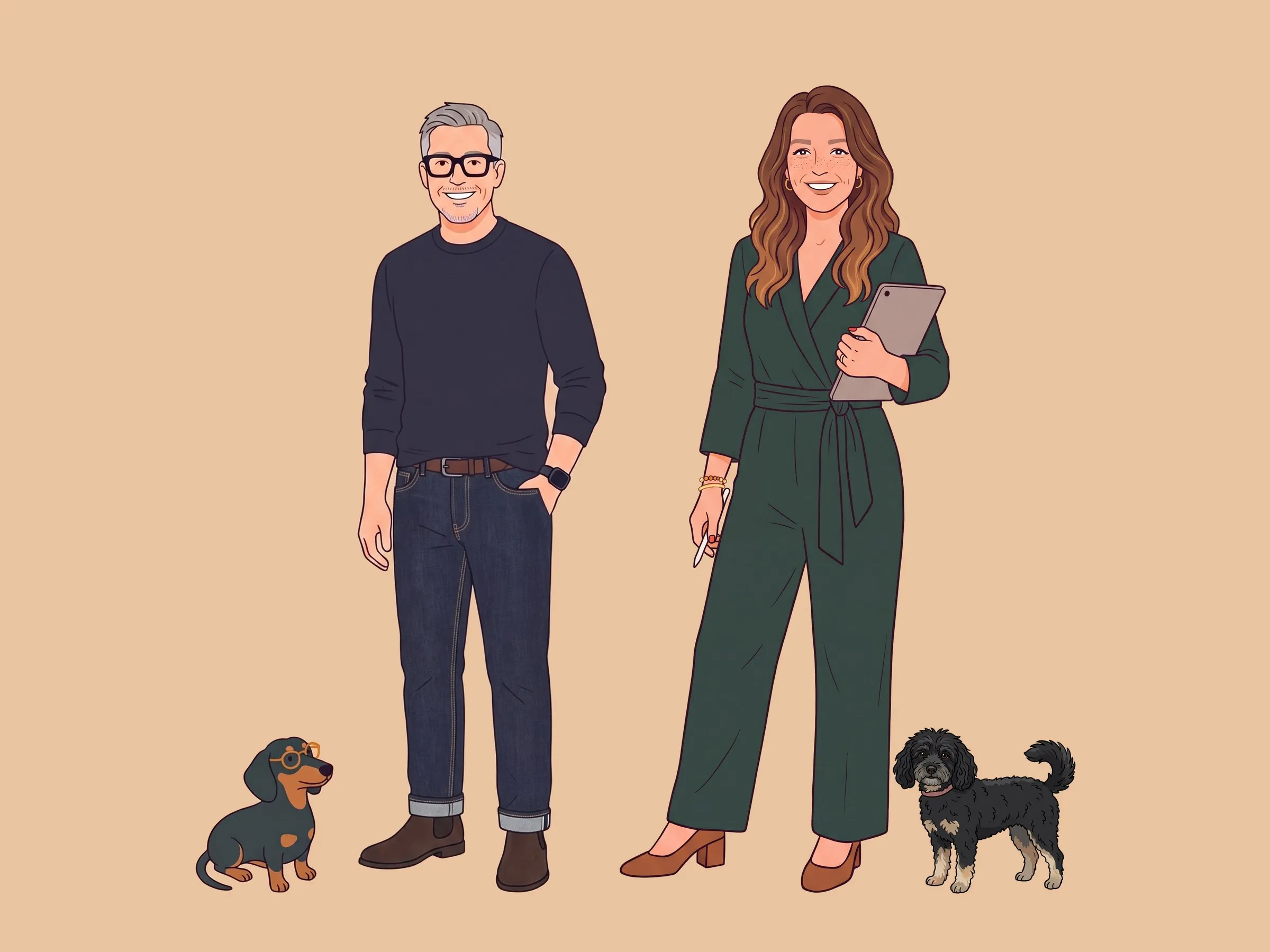 Illustration: Roman Thomas und Alena stehen nebeneinander und lächeln, er in dunkelblauem Pullover und Jeans, sie im dunkelgrünen Overall mit einem Tablet unter dem Arm und einem Stift in der Hand. Links sitzt ein Dackel mit oranger Brille, rechts steht ein kleiner schwarzer Pudel mit hellen Pfoten.
