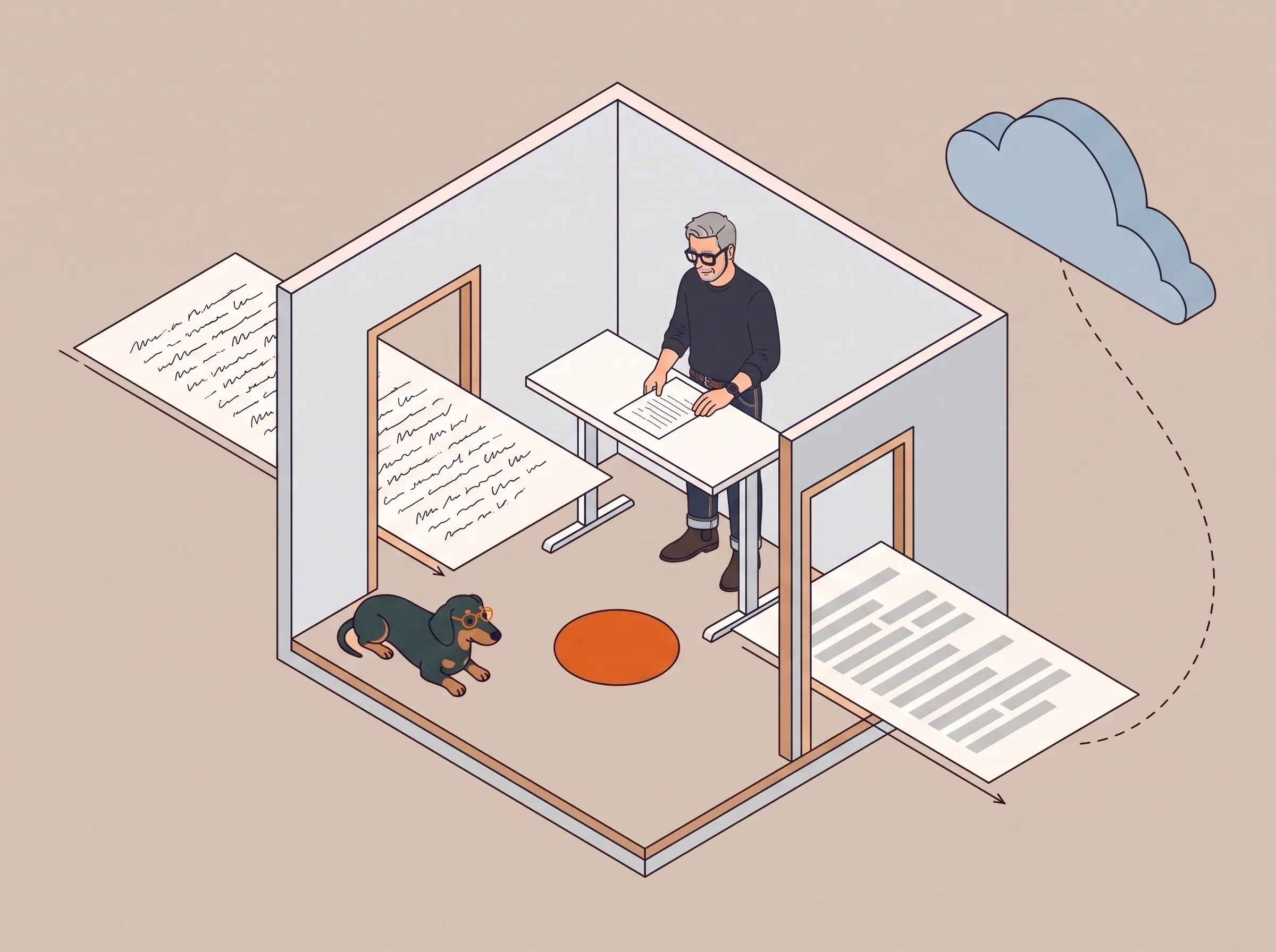 Illustration: Roman arbeitet in einem kleinen offenen Raum, durch den ein Blatt mit Namen geht und mit neutralen Balken wieder herauskommt