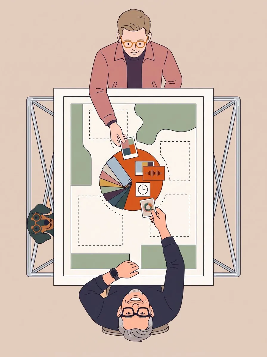 Illustration von oben: Roman und der Kunde stehen sich am Tisch gegenüber und legen gleichzeitig je eine Karte in den orangen Kreis auf dem Lageplan, im Kreis liegen schon Farbfächer, Fotos und kleine Karten, am Tischrand schaut der Dackel hoch