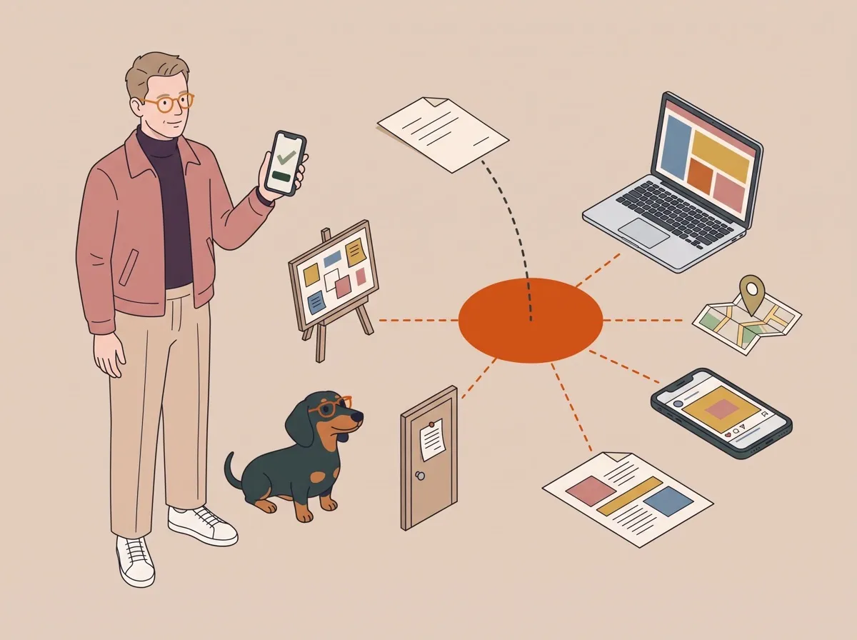 Illustration: Ein Mann mit Smartphone steht neben einem orangen Kreis in der Mitte, von dem gestrichelte Linien zu einer Website auf dem Laptop, einem Social-Media-Beitrag, einem Flyer, einem Brief, einer Karte mit Ortsmarke, einer Tür mit Aushang und einer Pinnwand führen, daneben sitzt ein Dackel mit Brille