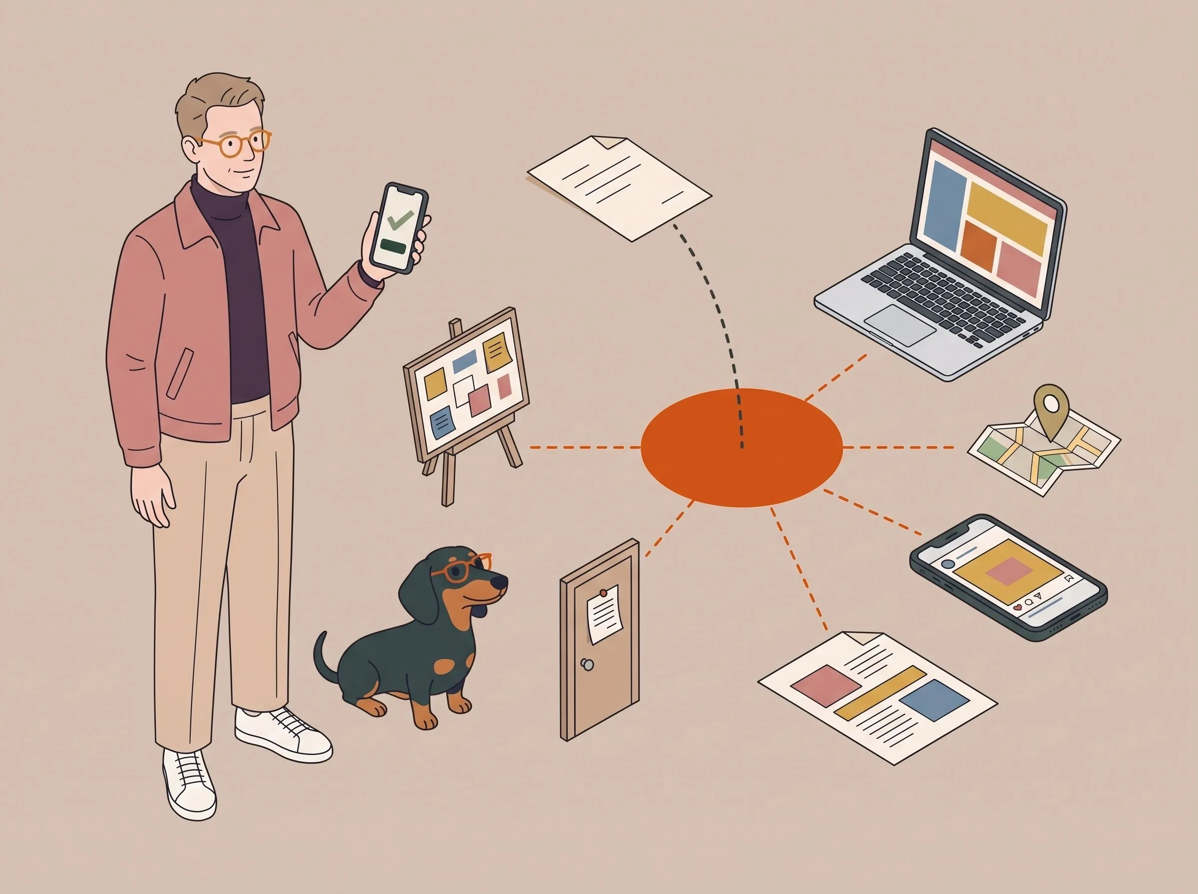 Illustration: Ein Mann hält ein Handy mit grünem Haken, daneben ein orangefarbener Kreis, von dem gestrichelte Linien zu Laptop, Karte, Handy, Flyer, Tür und Tafel führen