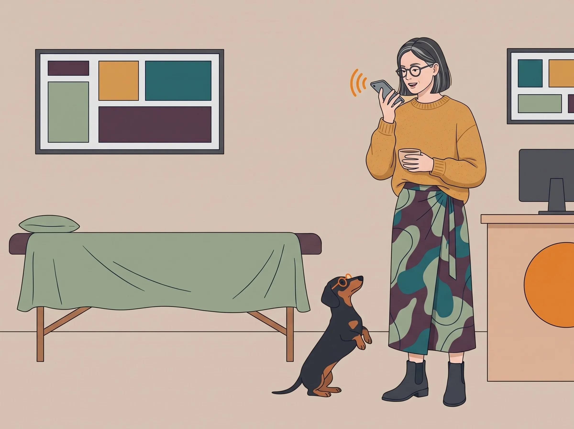 Illustration: Eine Frau steht mit einer Tasse Kaffee in ihrer Praxis und spricht einen Satz in ihr Handy, ein Dackel mit Brille schaut zu