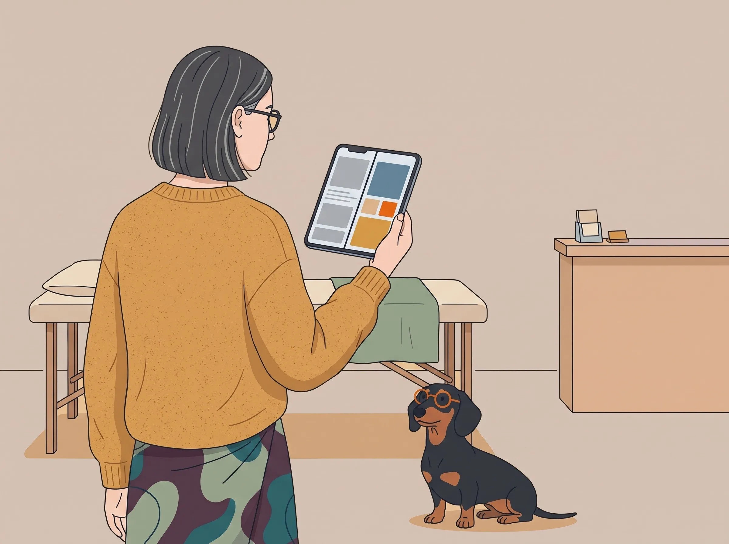 Illustration: Die Frau hält ein Tablet mit einer Vorschau, alt und neu nebeneinander, ein Dackel sitzt daneben