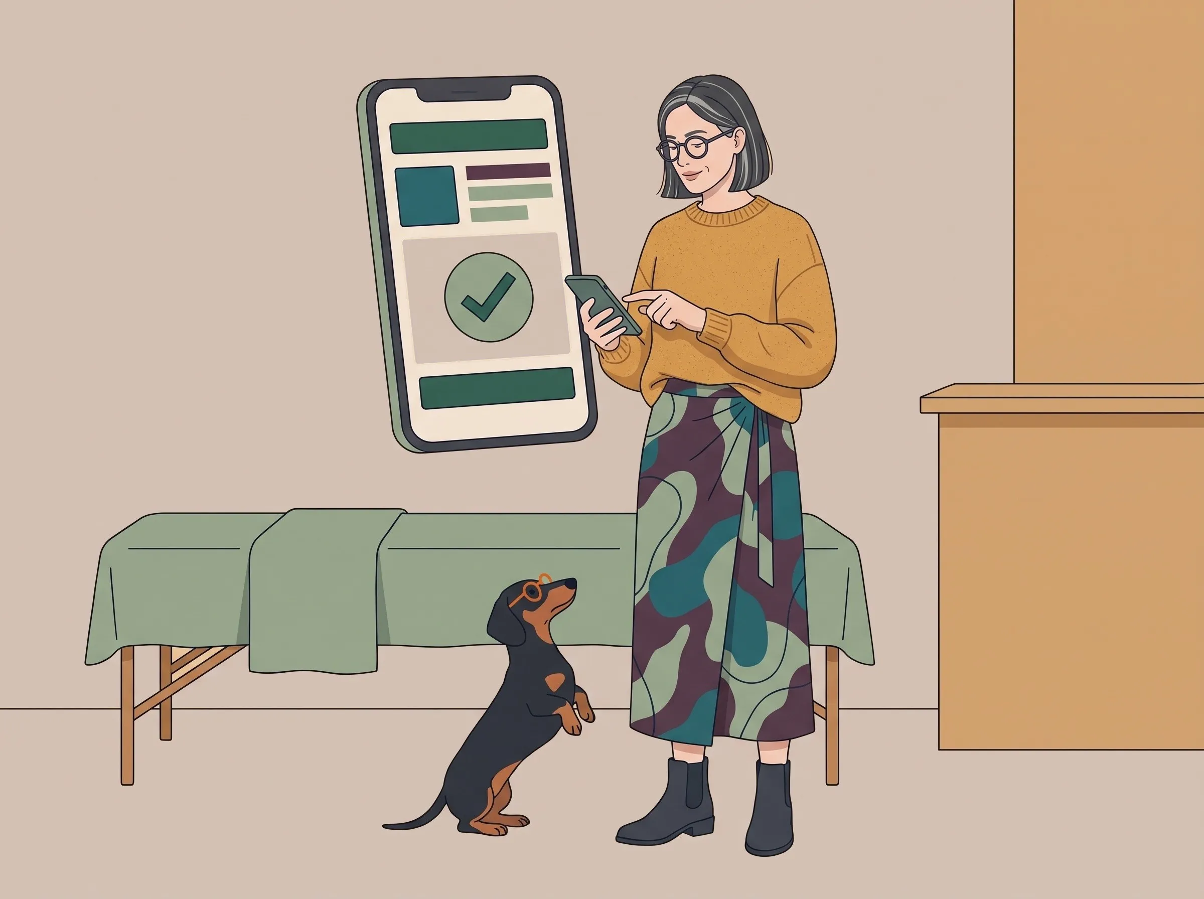 Illustration: Eine Frau in einer Physiotherapiepraxis tippt auf ihrem Handy auf einen Haken, ein Dackel mit Brille schaut zu