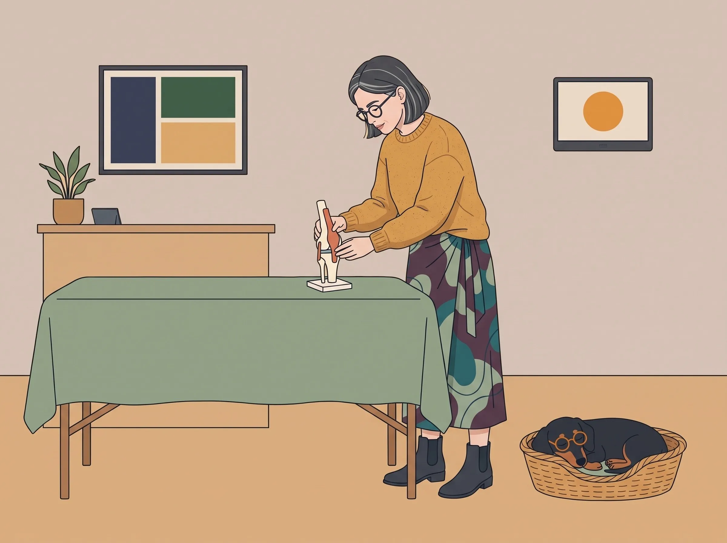Illustration: Die Frau arbeitet an der Behandlungsliege, der Dackel schläft in seinem Korb