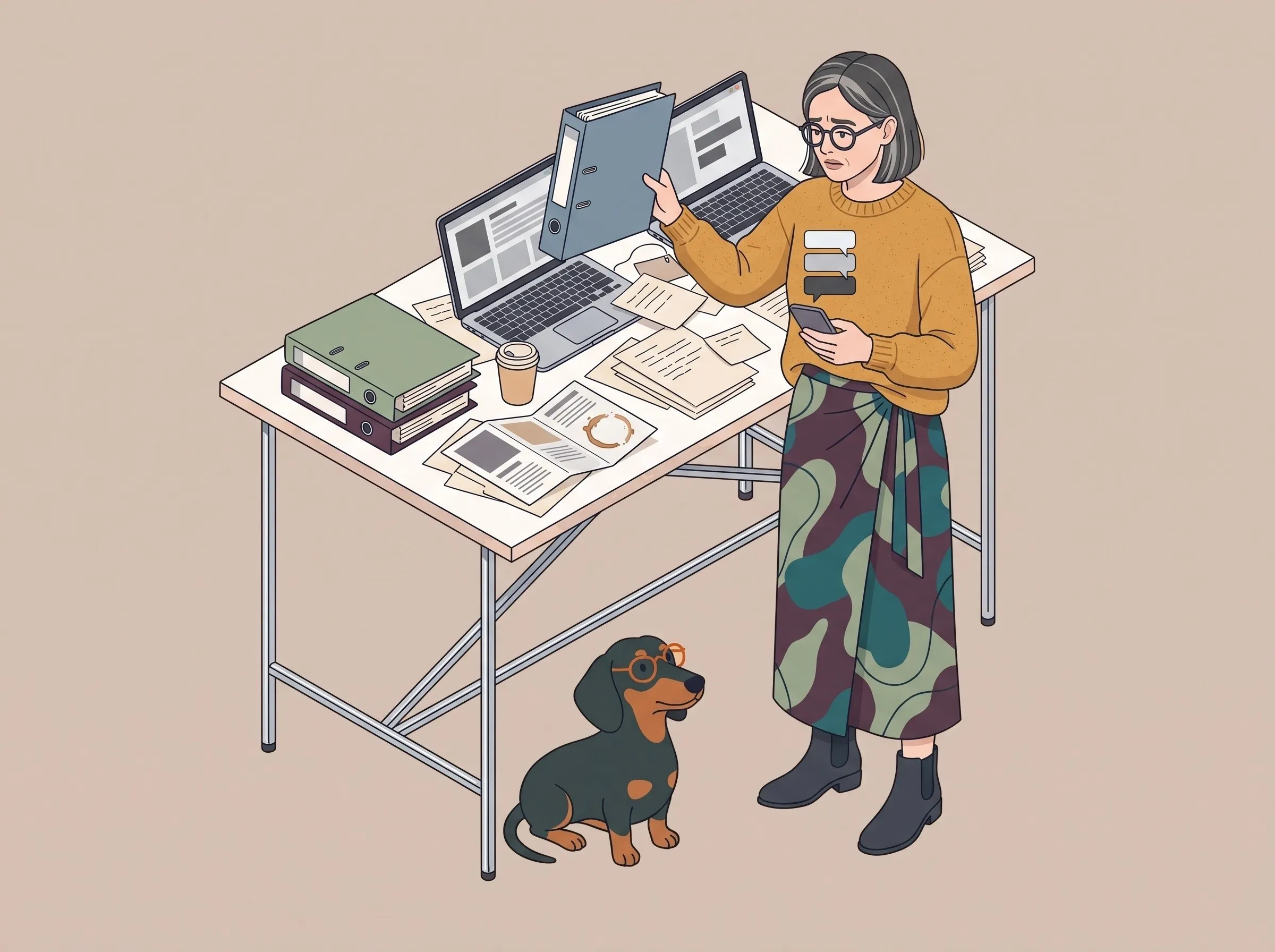 Illustration: Eine Frau steht an einem übervollen Stehtisch mit Ordnern, Laptops und Zetteln, ein Dackel mit Brille schaut zu