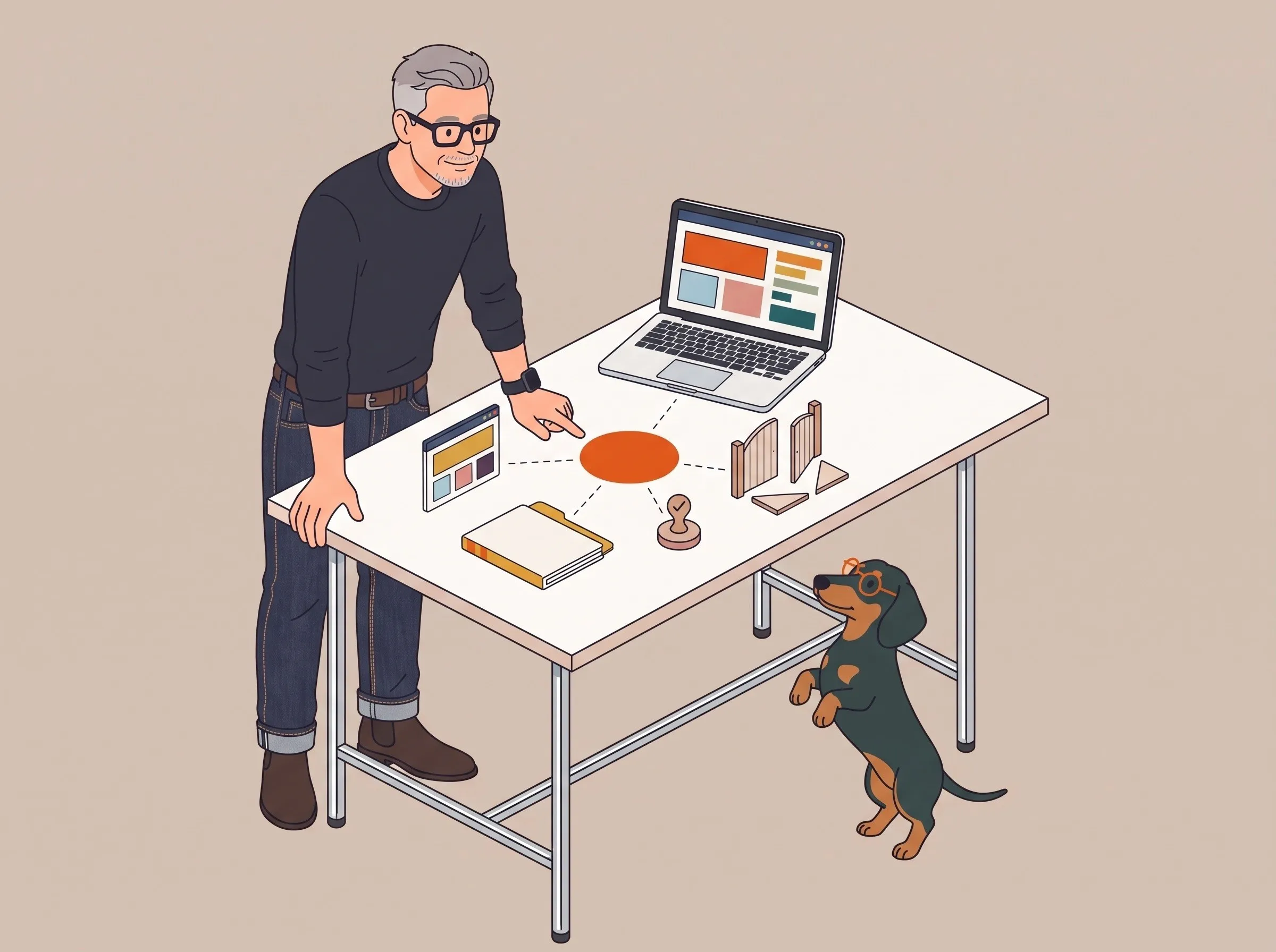 Illustration: Roman beugt sich über den Stehtisch und zeigt auf einen orangen Kreis, um ihn herum liegen ein Websiterahmen, eine Mappe, ein Stempel mit Haken und ein kleines Gartentor, ein Dackel stellt sich an das Tischbein