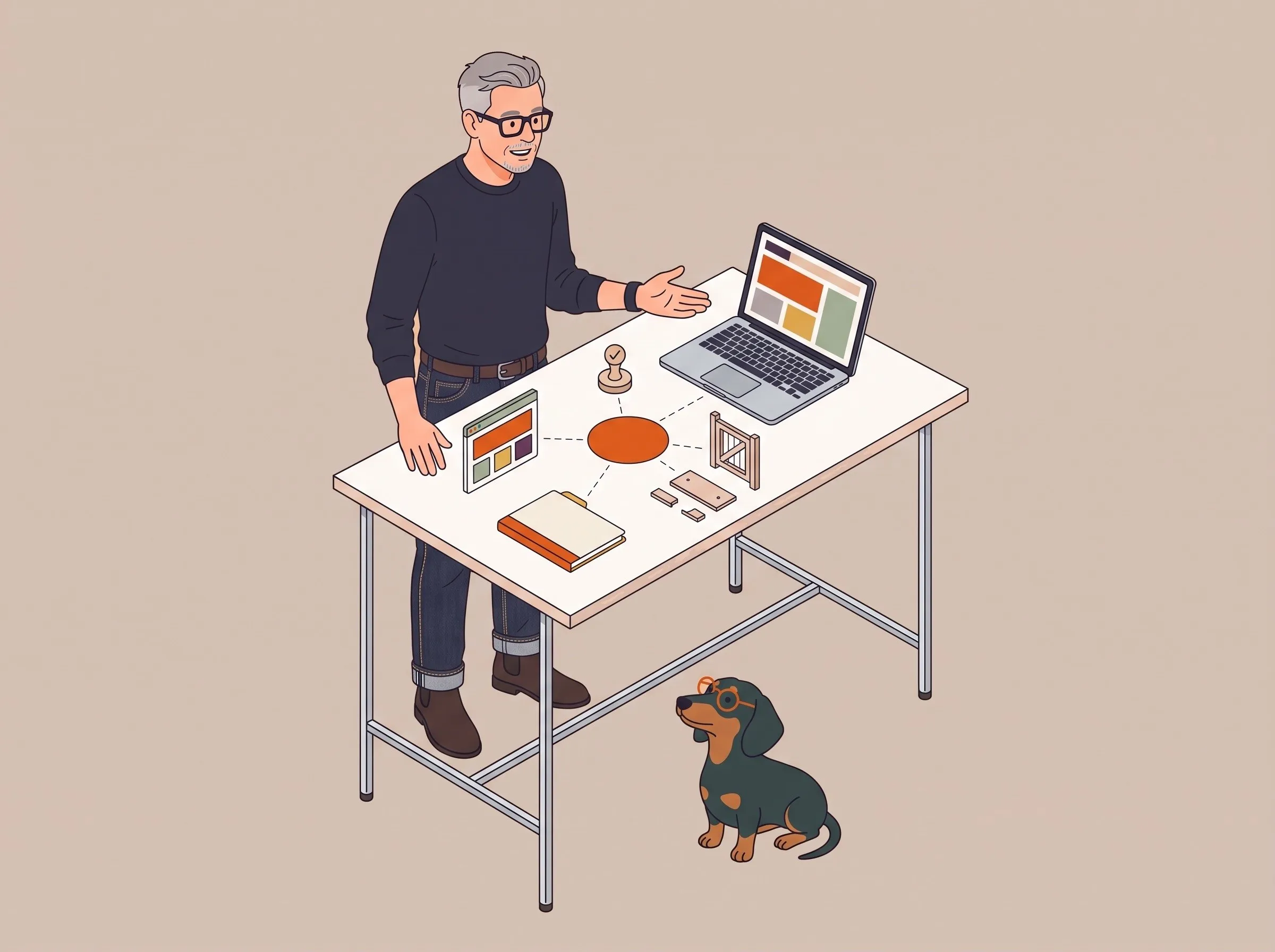 Illustration: Roman steht an einem weißen Stehtisch und erklärt mit offener Hand etwas zu seinem Laptop, vor ihm liegen um einen orangen Kreis kleine Werkzeuge, ein Dackel mit Brille schaut zu