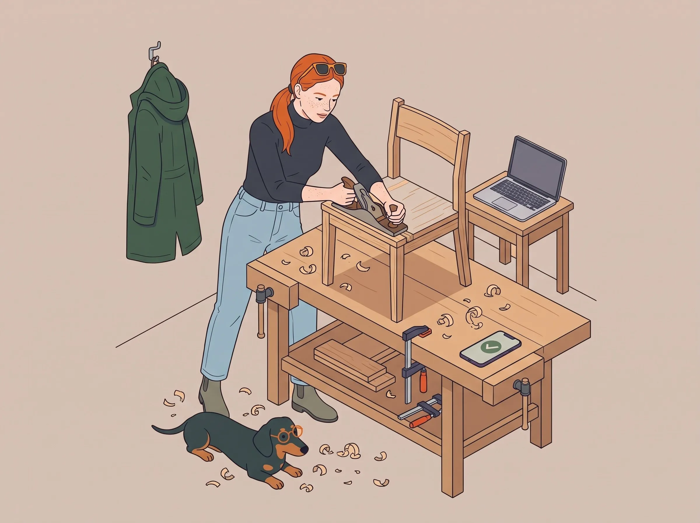 Illustration: Eine Tischlerin hobelt in ihrer Werkstatt an einem Holzstuhl, auf der Werkbank liegt ihr Handy mit einem Haken, der aufgeklappte Laptop hat einen dunklen Bildschirm, ein Dackel liegt in den Hobelspänen